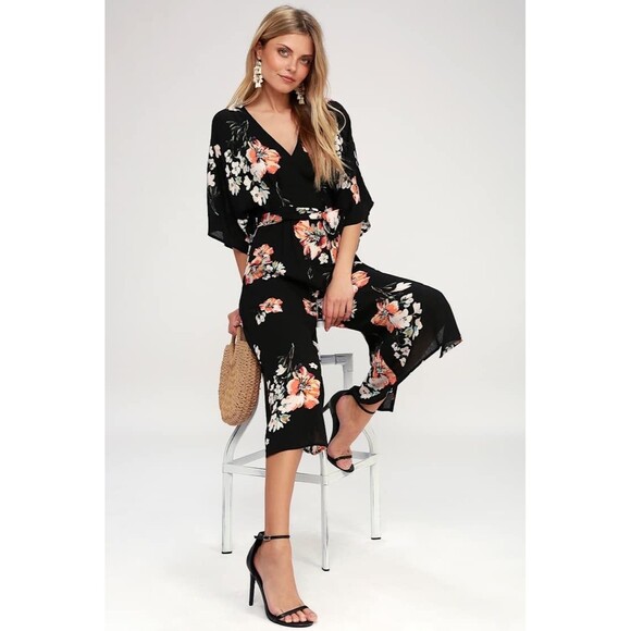 Lulus Staying Cool Black Floral Crinkle Print Culotte Side Slits Jumpsuit S - Picture 2 of 8
